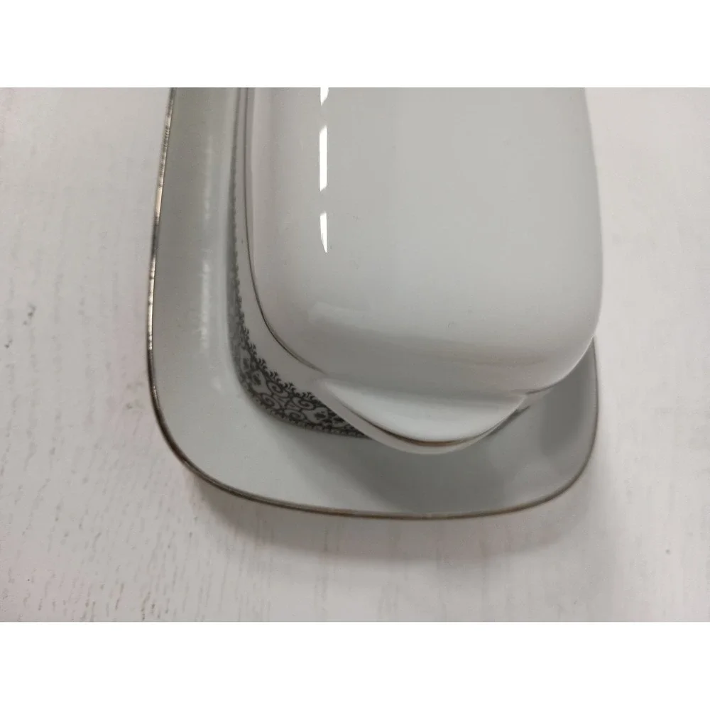Noritake Vintage‎ Butter Dish White Silver Trim Black Filigree Pattern Japan